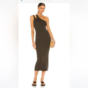 Autumn Cashmere
Slash One  Shoulder
Rib Midi Dress, in army green, size medium